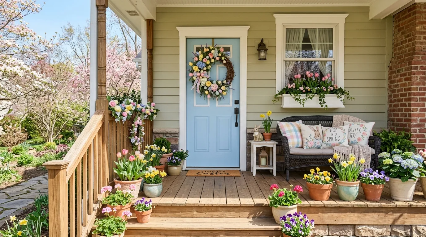 Easter porch with pastel pillows and wreaths